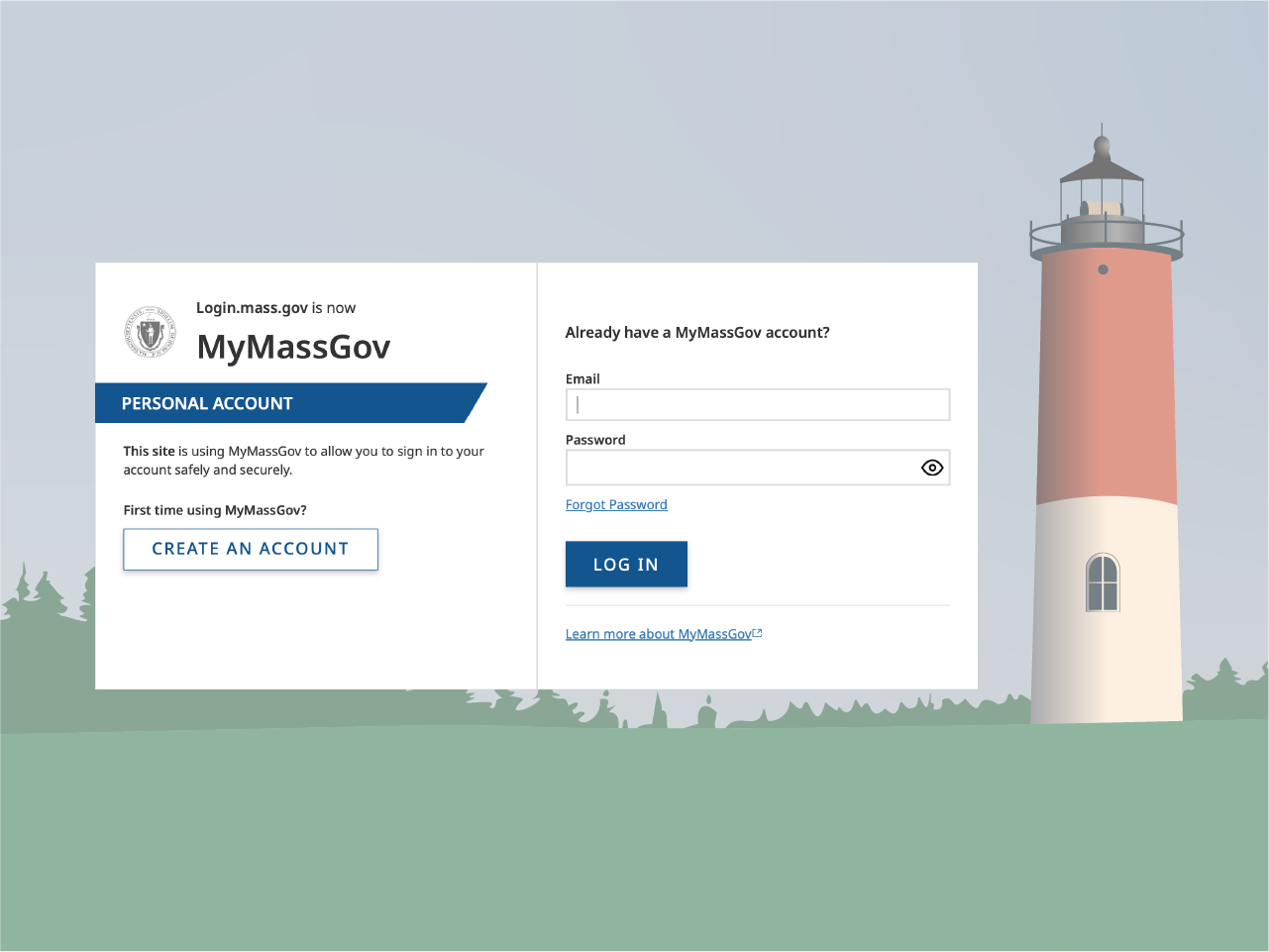 A faint illustration of a lighthouse behind a My Mass Gov login box.