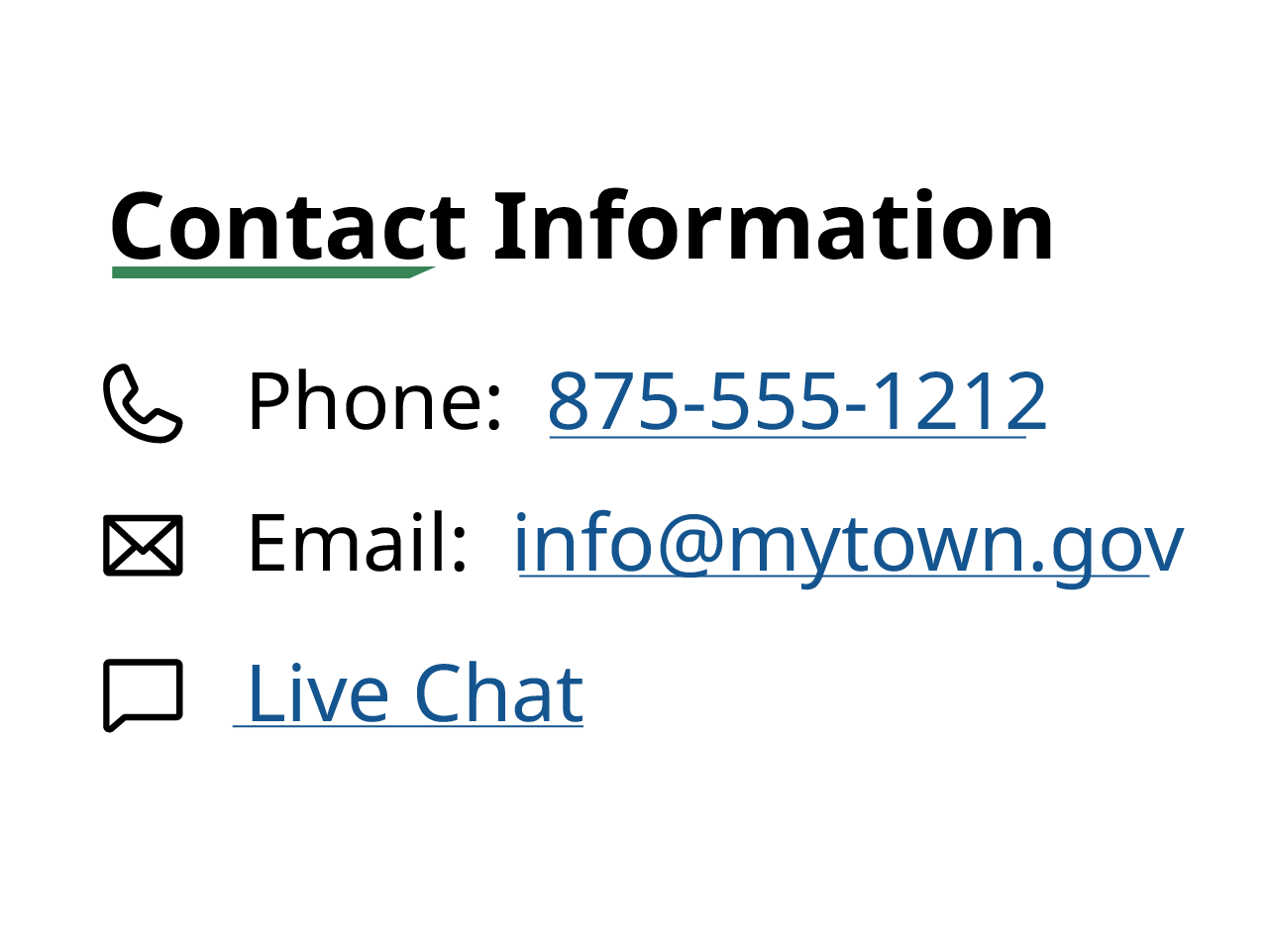 Contact information of phone, email and chat on a webpage. Icons of a phone, letter and chat bubble appear next to the text.