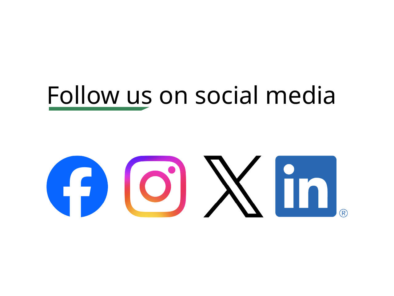 Facebook, Instagram, X and LinkedIn icons below a heading that reads Follow us on social media.