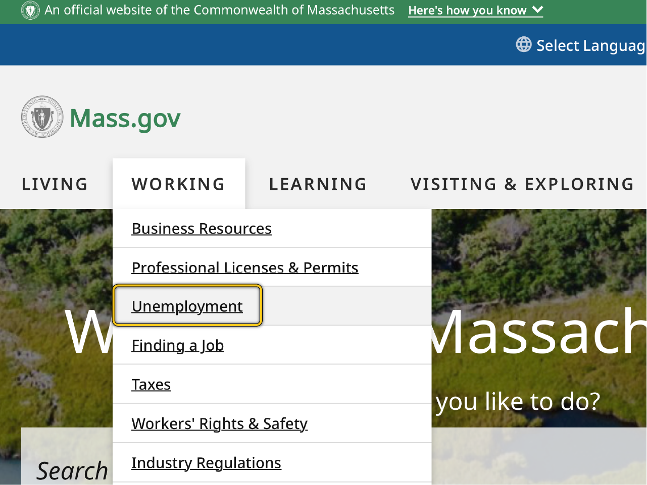 The Mass.gov home page, the Working menu expanded, with the Unemployment link highlighted.