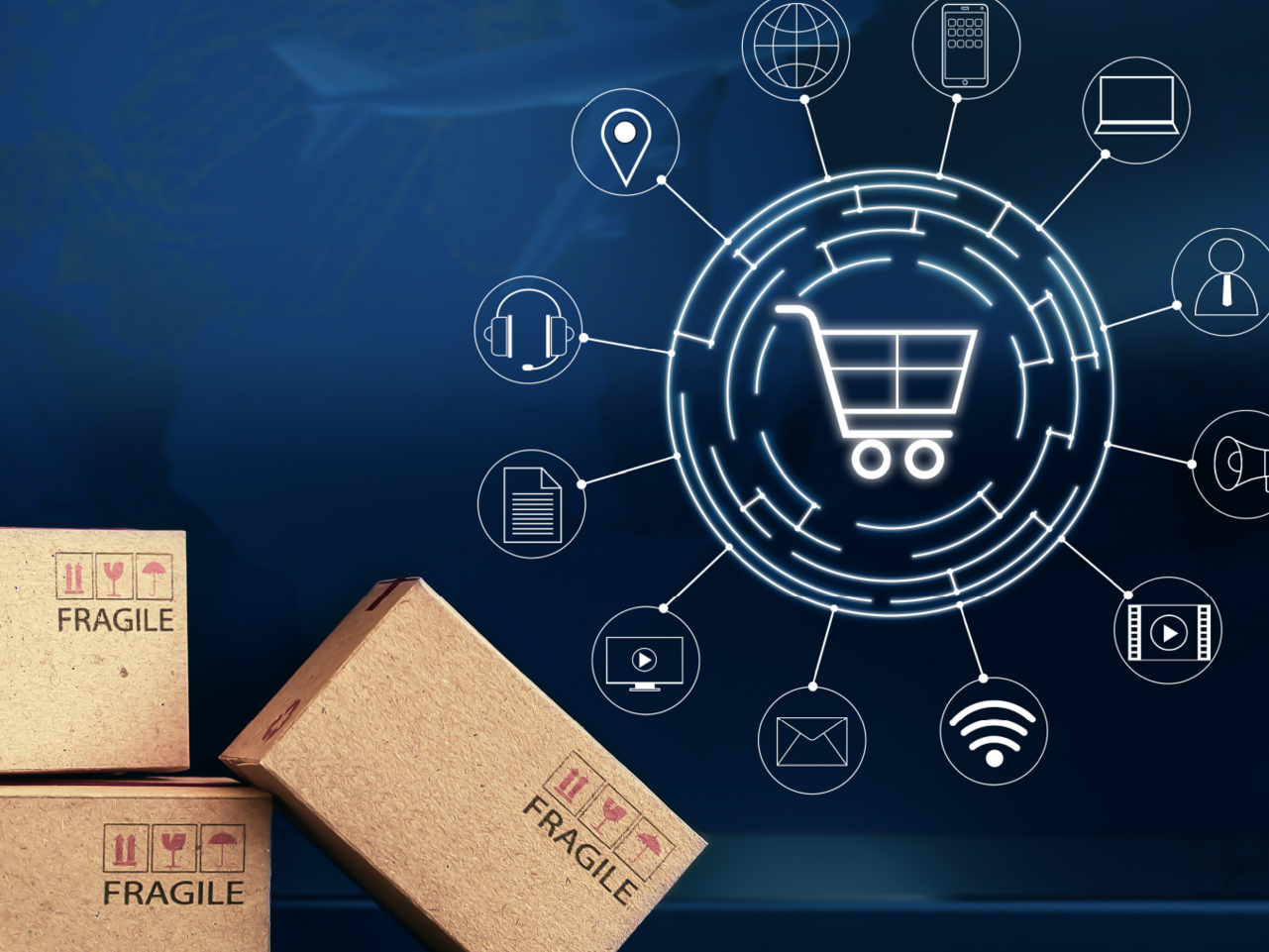 A stack of boxes next to a digital shopping cart.