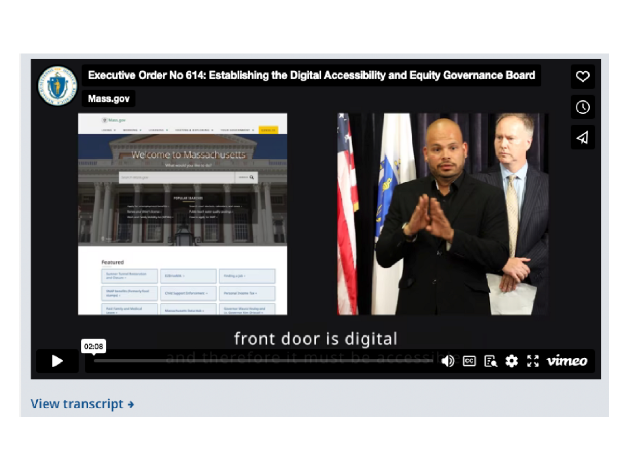 A video player with captions and a sign language interpreter.