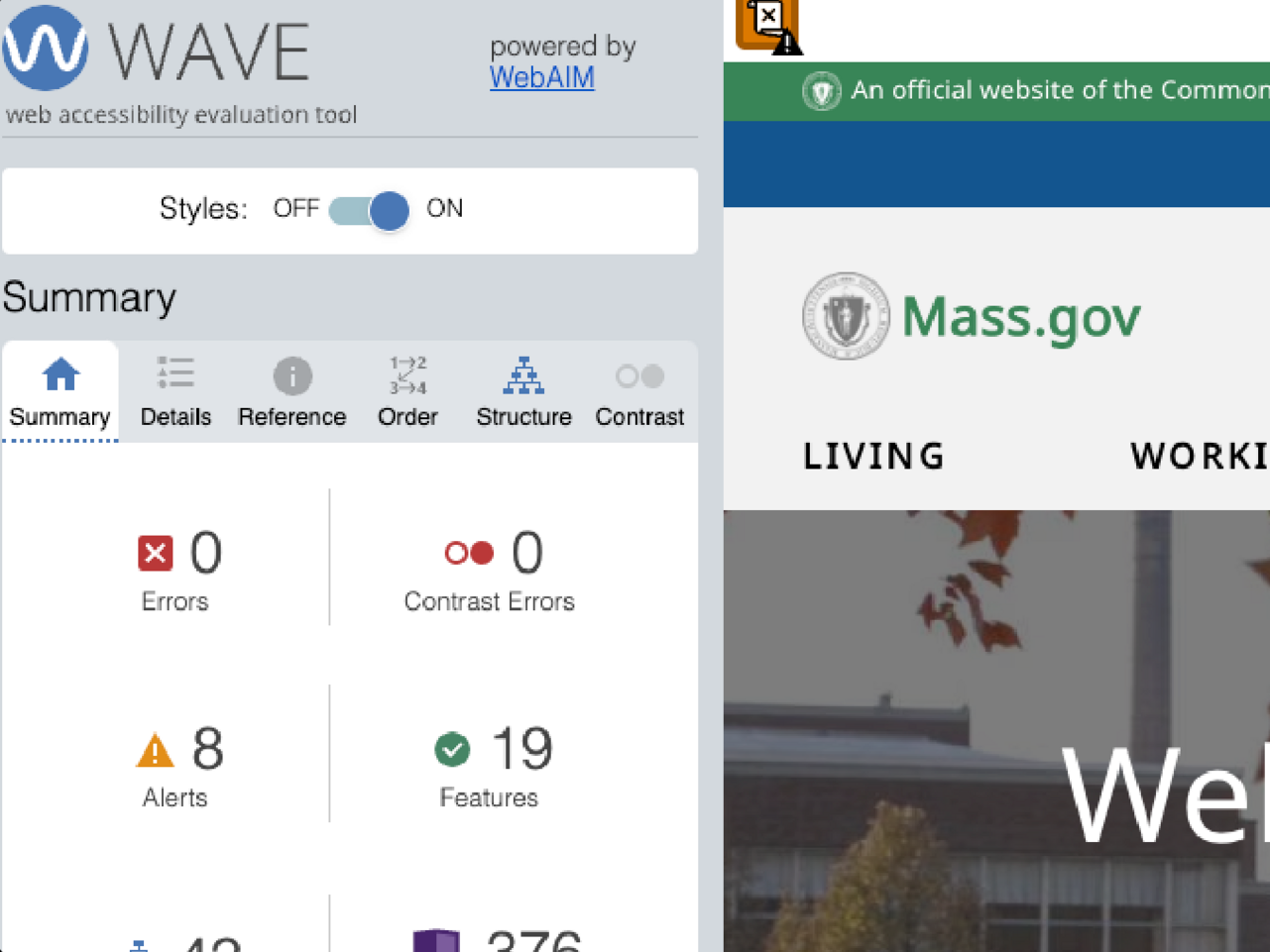 The free WAVE accessibility checker open on the mass.gov homepage