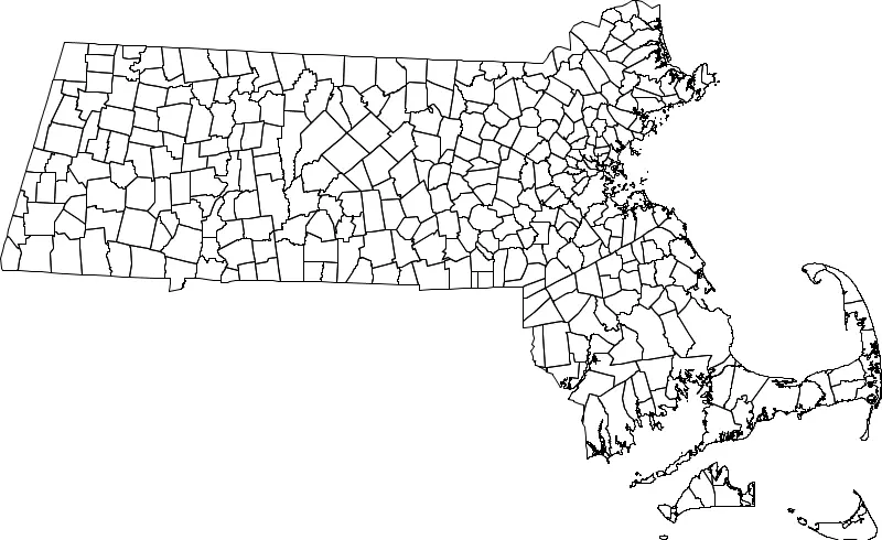 A map of Massachusetts with dividing lines on municipal boarders.
