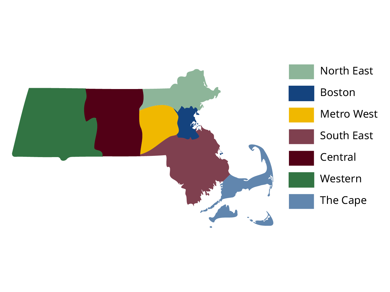 A map of massachusetts where color is used to identify seven regions.