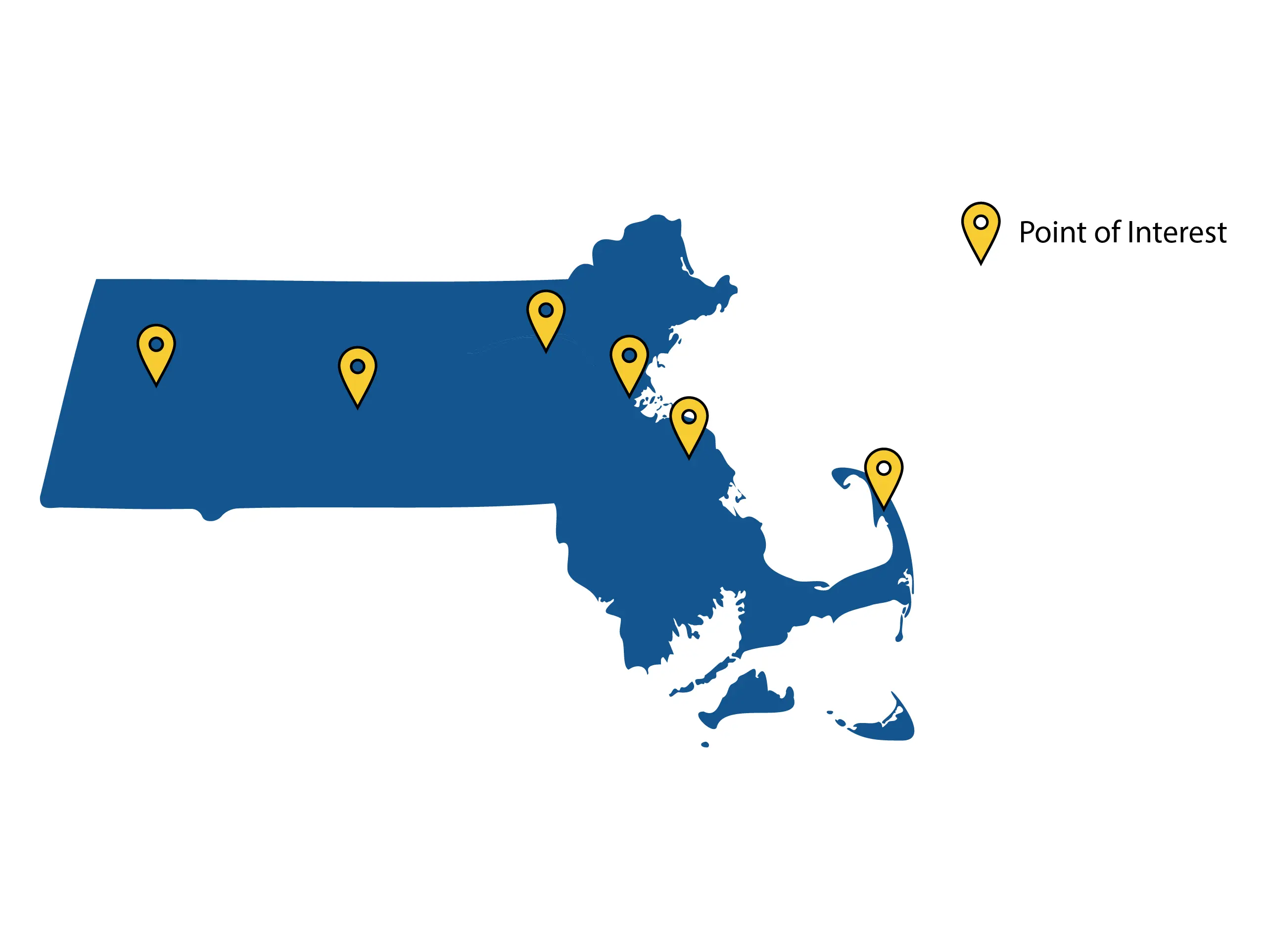 A map of Massachusetts showing six points of interest that are marked with pins but unlabeled.