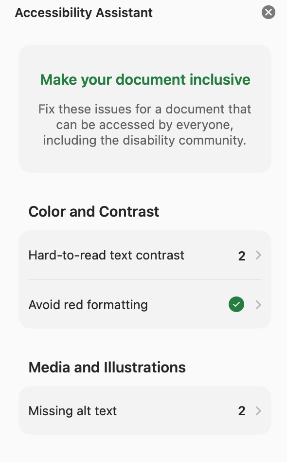 The Microsoft Excel Accessibility Assistant pane showing errors such as hard to read text contrast and missing alt text.