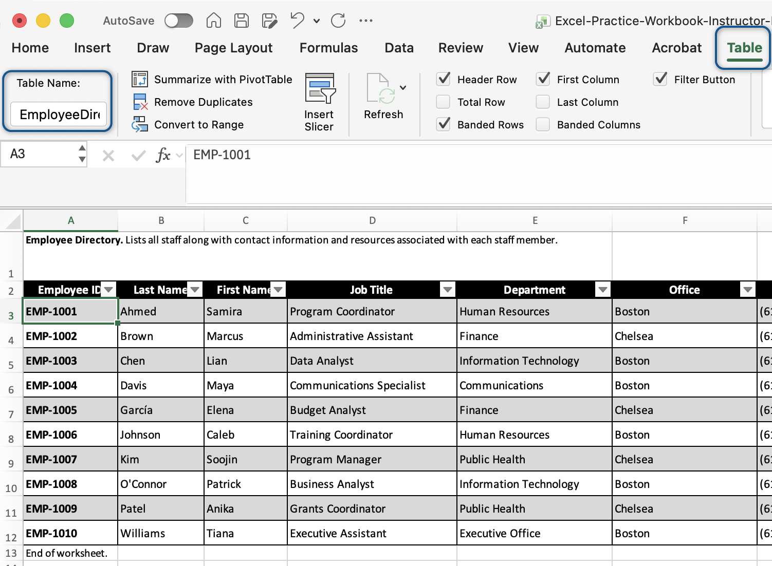 Excel table in a worksheet. The cursor is in a table cell and the Table tab and table name are visible and highlighted.