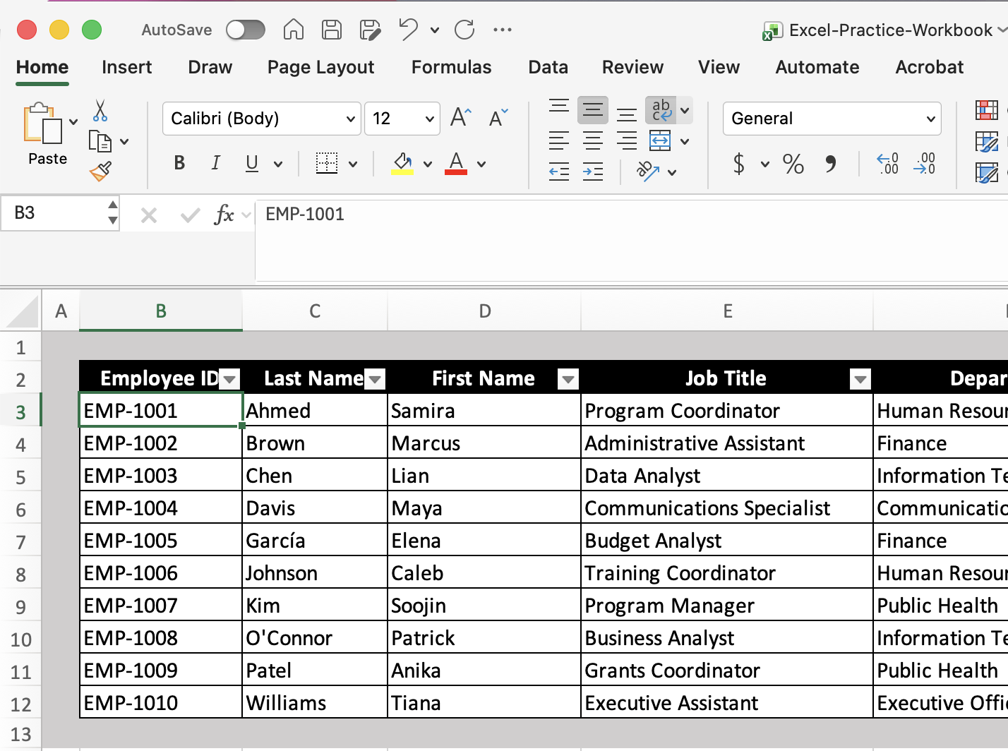 Data range with borders, shading, and filters in a worksheet. The cursor is in cell C5 as part of the visual table structure, and there is no Table Design tab available in the ribbon.