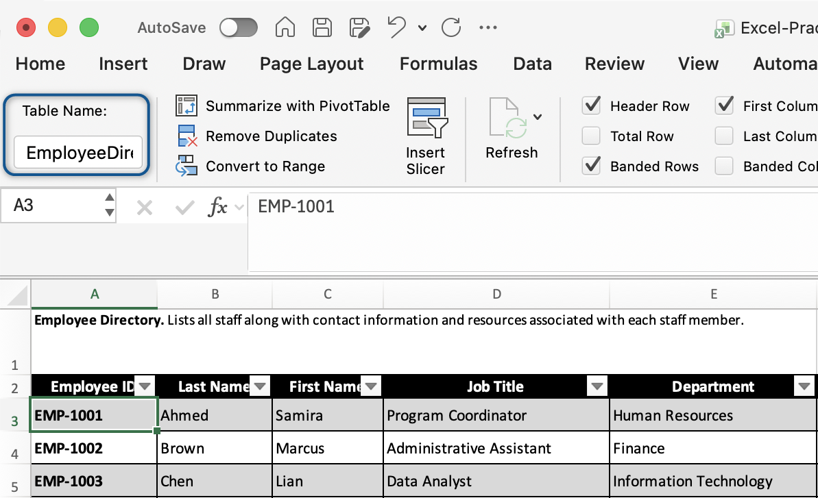 Table Design tab in Microsoft Excel with the Table Name box highlighted.