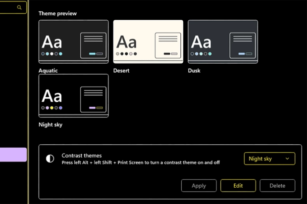 Windows high contrast mode settings panel with the night sky theme selected.