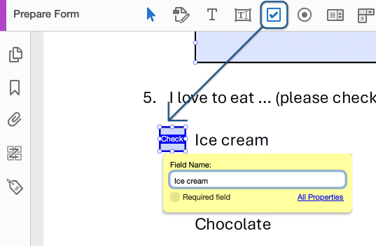 The checkbox button in the toolbar highlighted, pointing to a checkbox added to the document by clicking and dragging next to a visible label.
