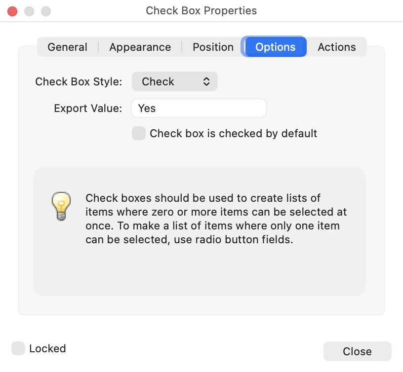 The checkbox properties dialog open to the Options tab.