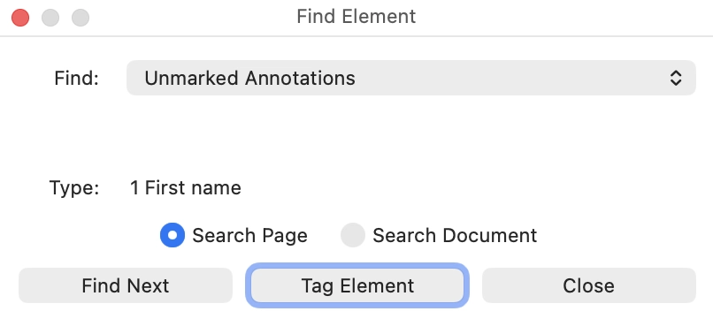The find element dialog with find, unmarked annotations selected.