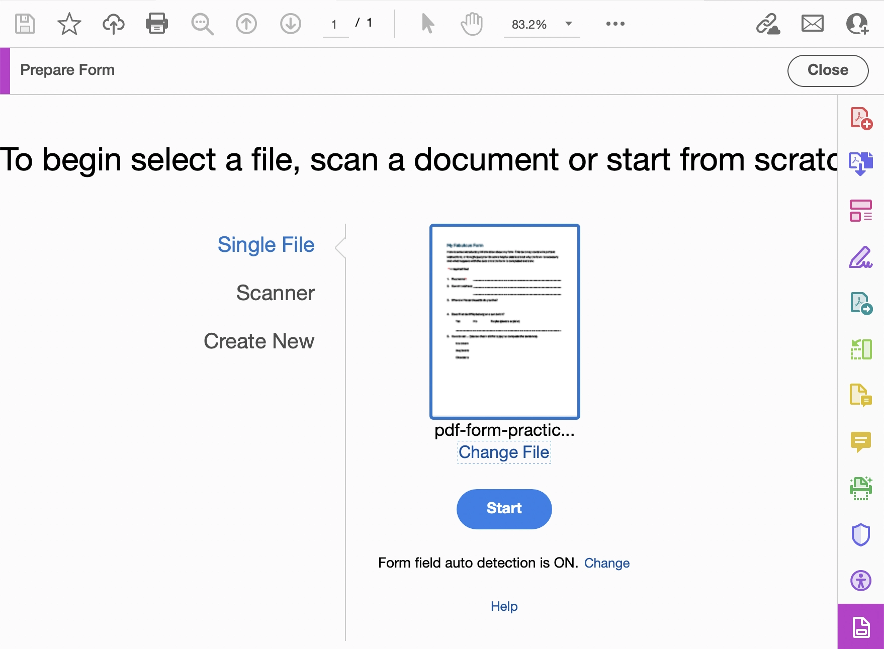 The initial screen to scan for form fields in a document after selecting the prepare form tool.