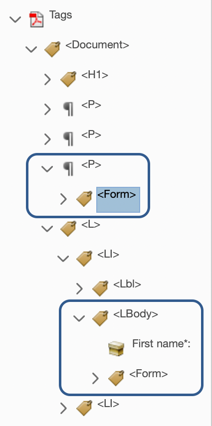 The tag tree open showing form tags properly nested under paragraph tags and list body tags.