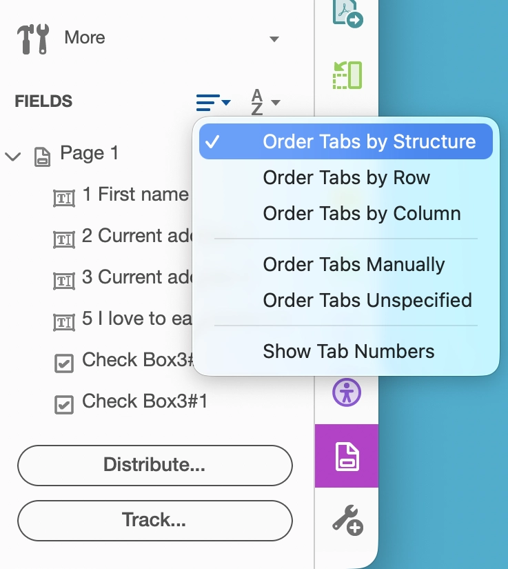 The dropdown button next to the Fields panel to select order.