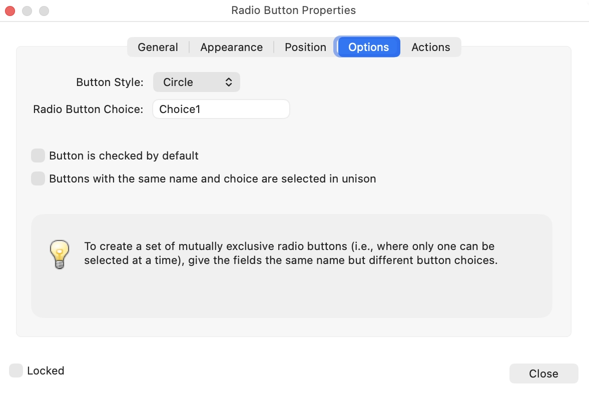 The radio button properties dialog open to the Options tab.