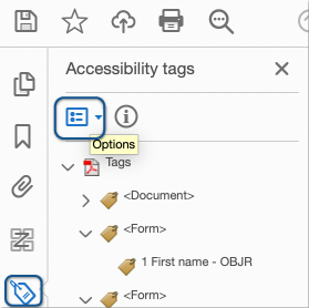 The tags tree open with the options button highlighted.
