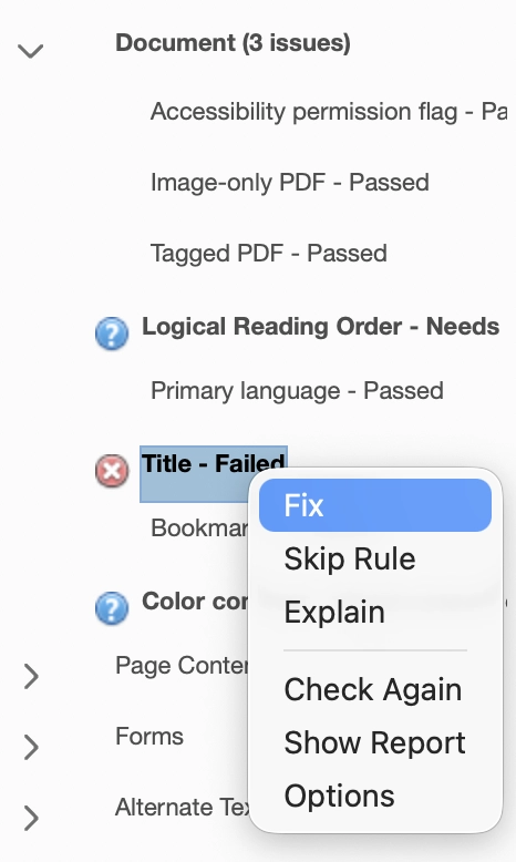 Accessibility Checker with an error on the title. The right-click context menu is open with Fix selected