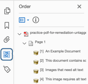 
The left-hand Order pane open in Acrobat, showing the order list and numbered reading order boxes in the document pane. The Order button in the navigation pane is highlighted.