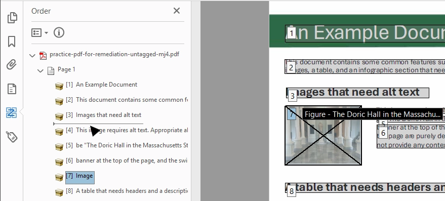Order pane showing a reading order item being dragged to a new position in the list.