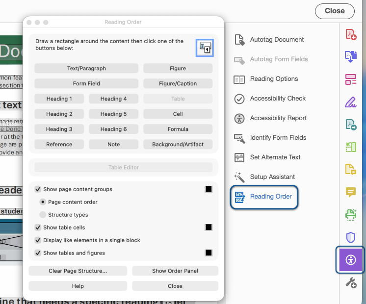 The accessibility button in the right hand tools pane selected, revealing reading order. Reading order has been chosen, and the floating reading order window is shown.