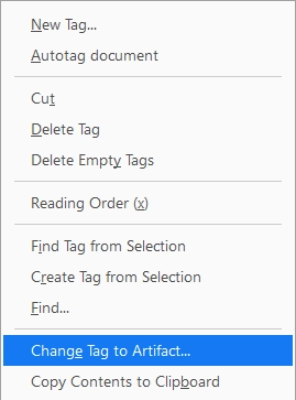 Accessibility tags panel showing the Change tag to Artifact… item in the right-click menu for content containers.