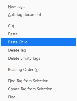 Accessibility tags panel showing a tag selected and the Cut, Paste, and Paste Child commands in the context menu.