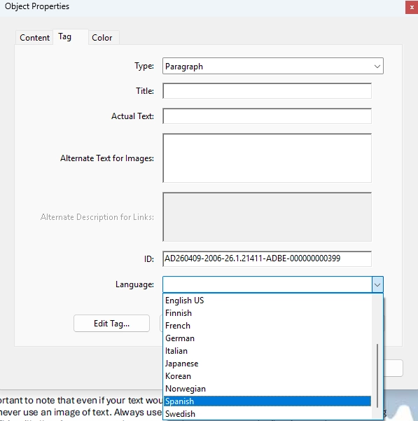 Accessibility tags panel showing a paragraph tag with Tag Properties open and a language selected.