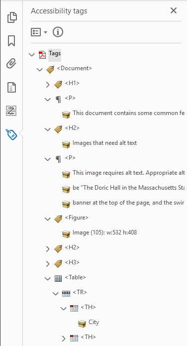 Accessibility tags panel showing an open paragraph tag and the content containers inside it.