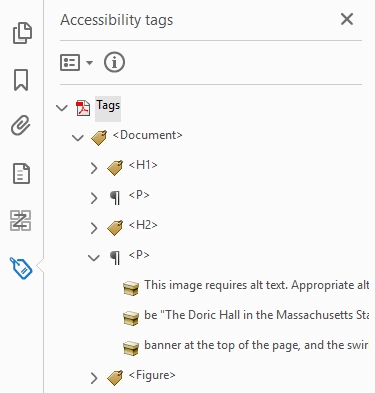Accessibility tags panel showing paragraph tags and content containers.