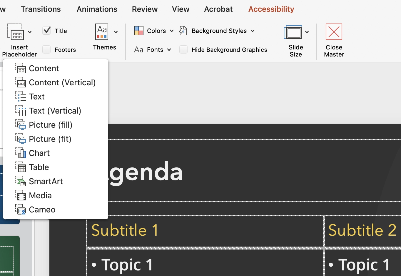 The slide master tab selected in the ribbon, with the insert placeholder popup menu open.