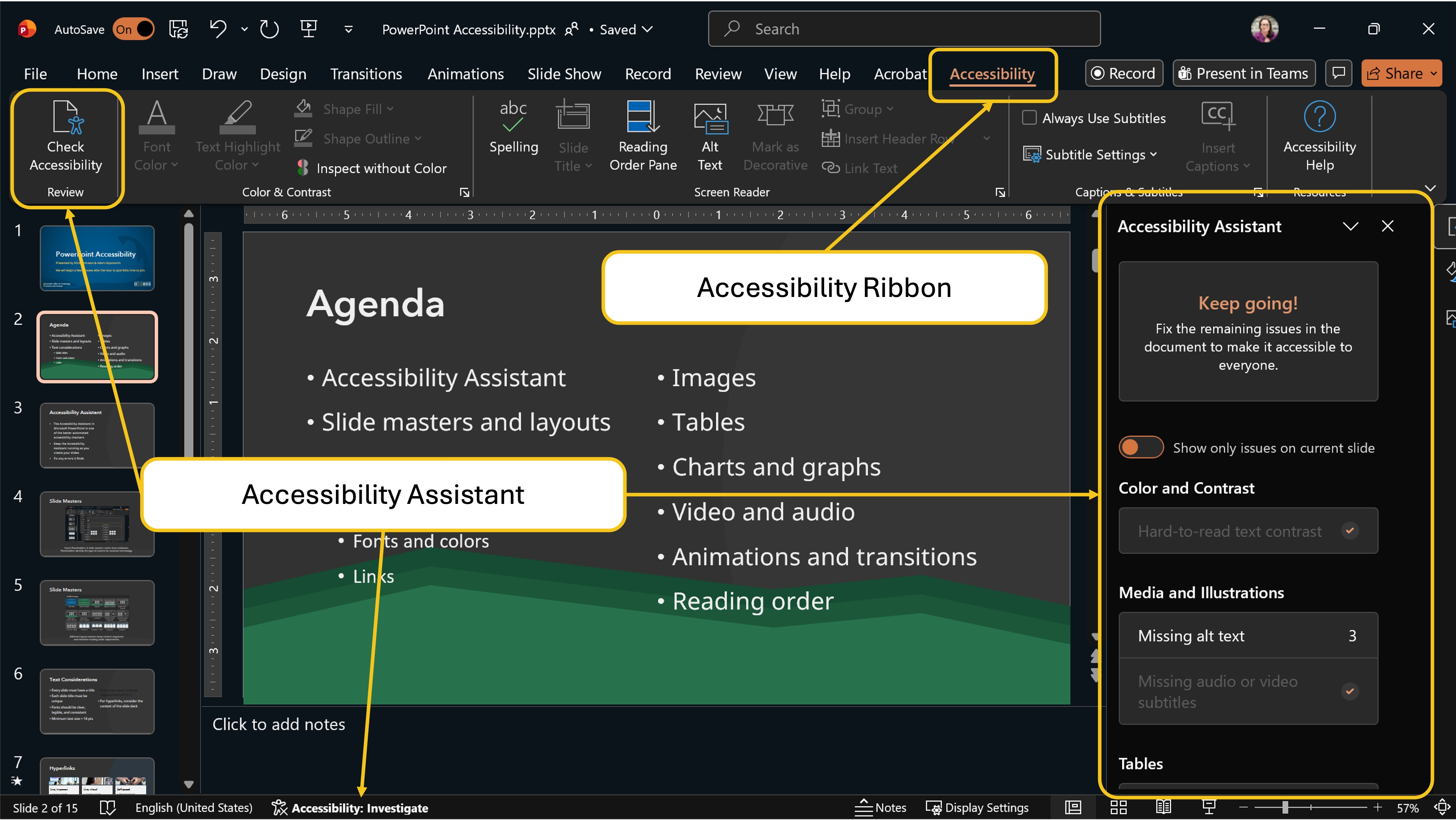 A screenshot of powerpoint with labels and arrows pointing to the accessibility ribbon, assistant, and check accessibility button.
