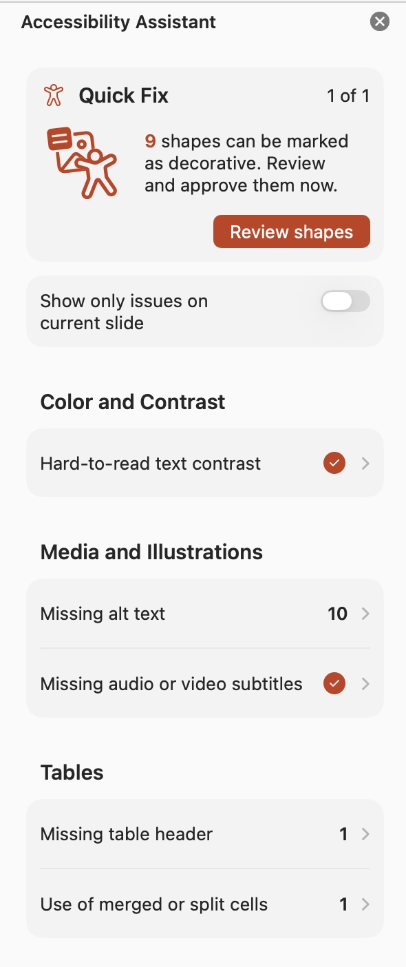 The accessibility assistant panel showing numerous issues.