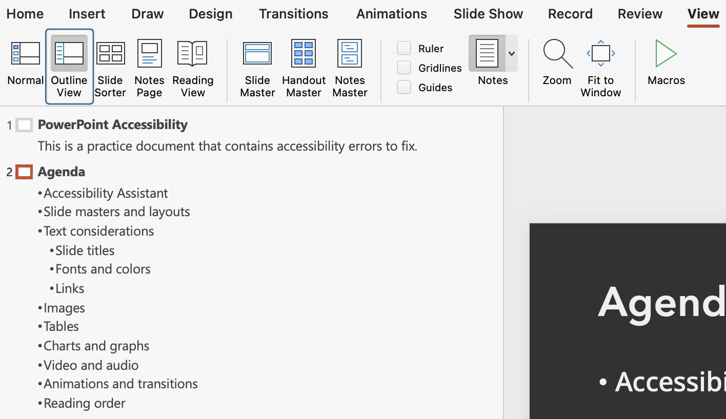 The left hand outline view pane open, showing all slides and slide content in order.