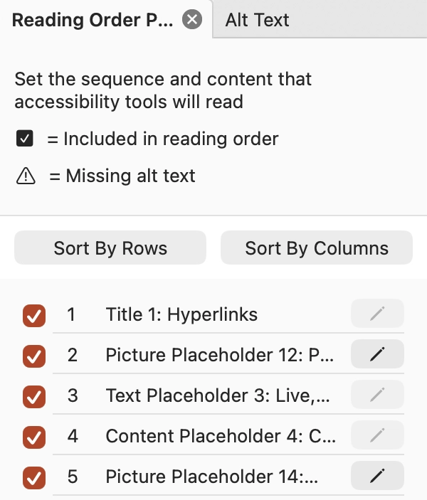 The reading order pane with title, pictures and text objects in sequence 1 to 5.