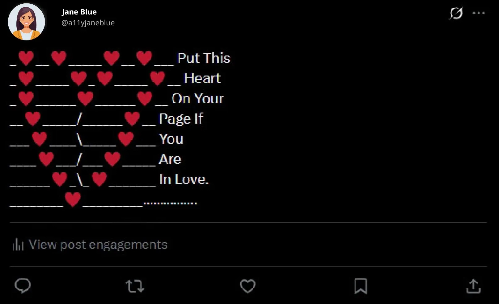 Screenshot of a post that uses ASCII Art to create a heart out of heart emojis and the words "Put this heart on your page if you are in love."