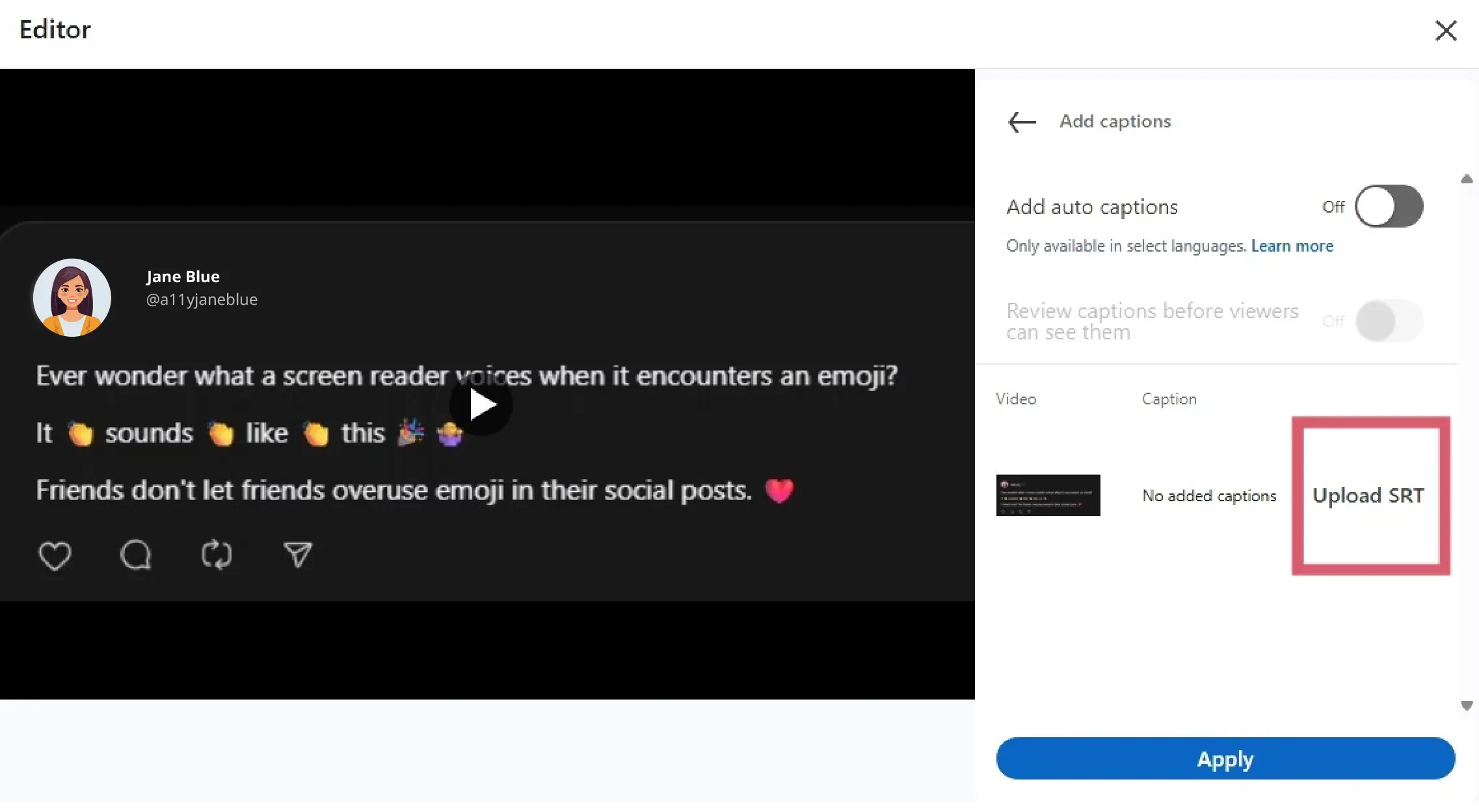 Screenshot of a video uploaded to LinkedIn with the Upload SRT option highlighted.