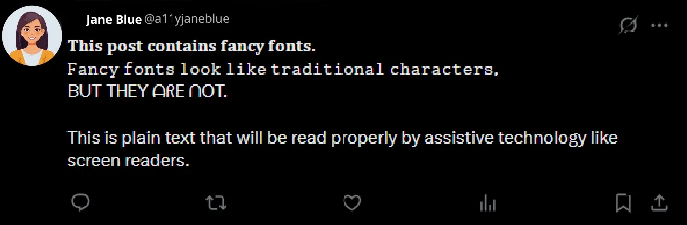 A social post containing fancy fonts that look like plain text but are not.