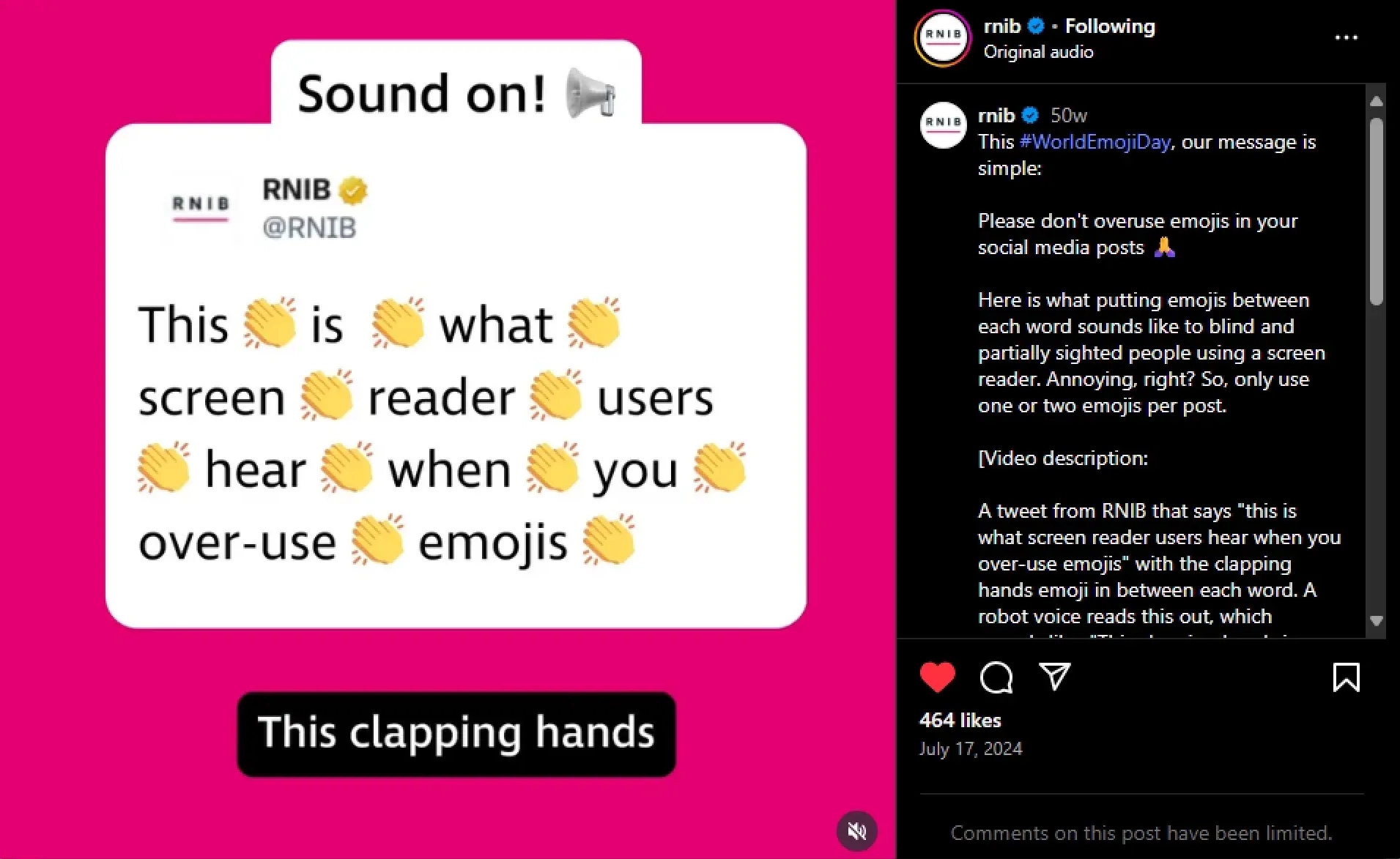 Screenshot of an Instagram Reel from RNIB showing hand clapping emoji in between words on the screen.