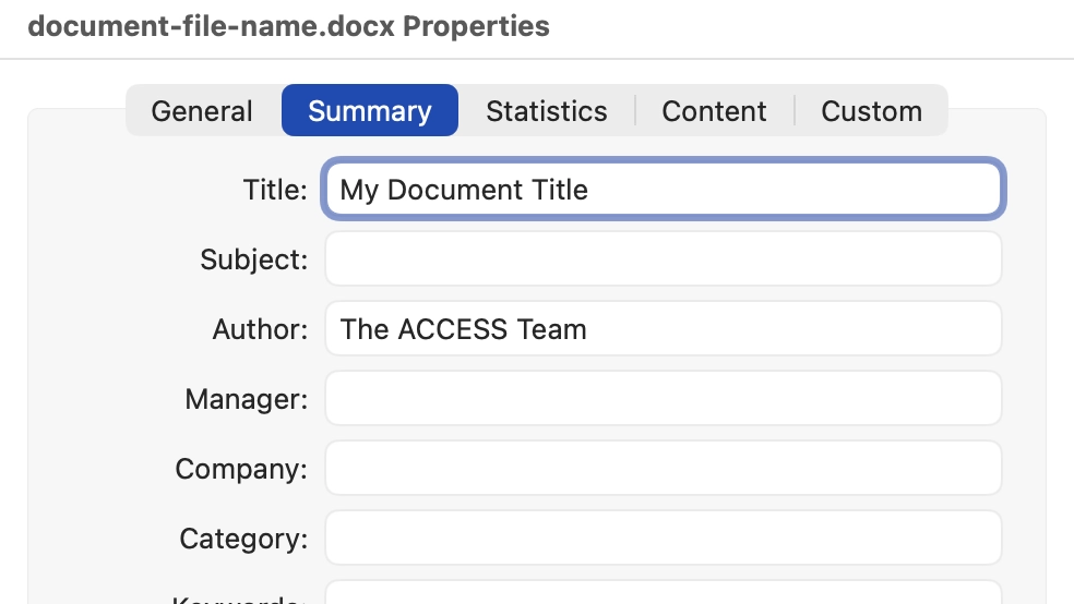 The properties panel in Word, summary tab selected, title field highlighted.