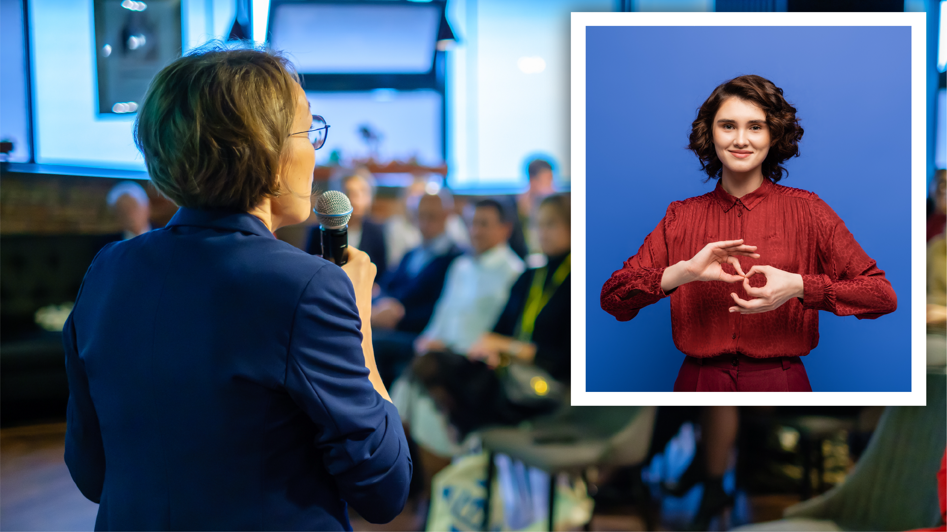An ASL interpreter overlaid on a video in a small picture-in-picture window.