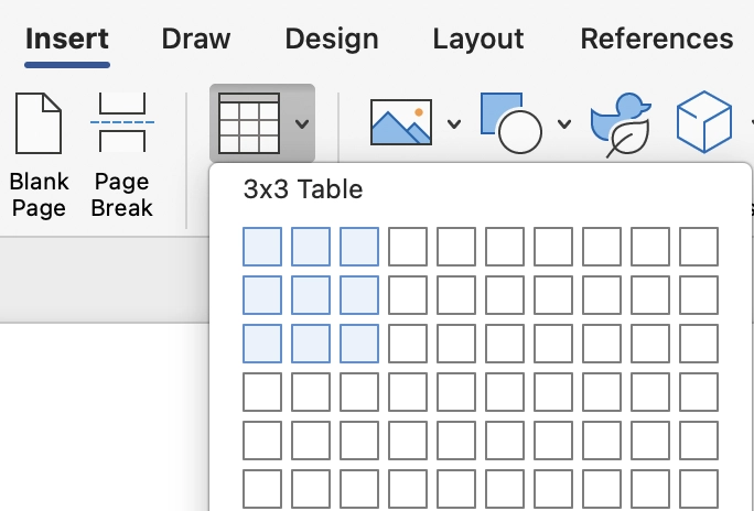 Insert in the Word toolbar with Table selected, showing the panel to choose the number orf rows and columns.