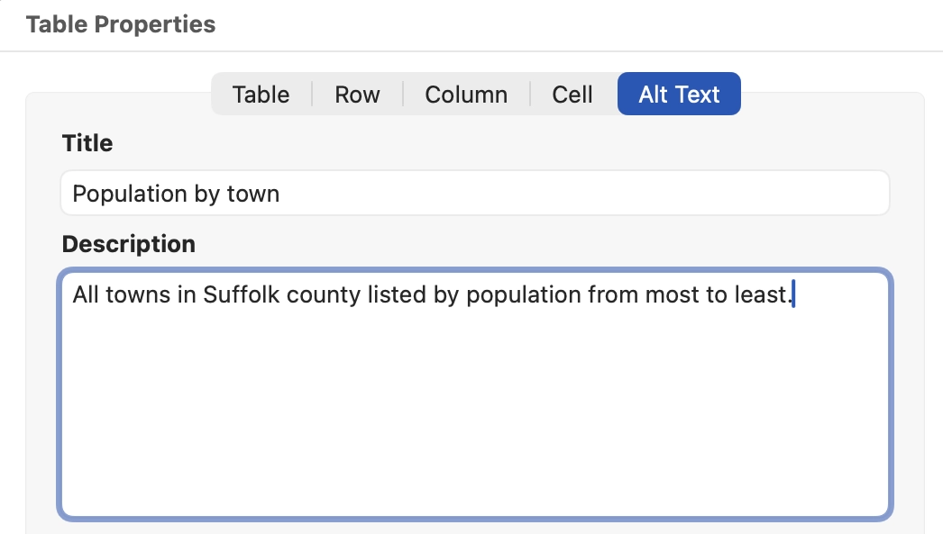 Table Properties panel, alt text tab selected.