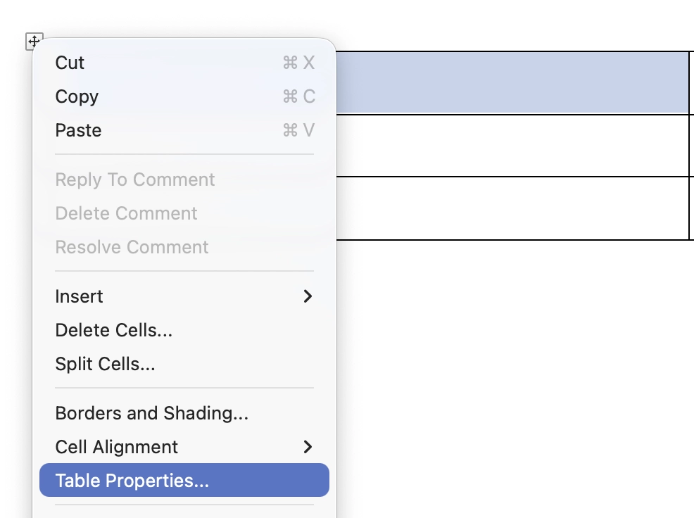 Right-click context menu on a table, with Table Properties highlighted.