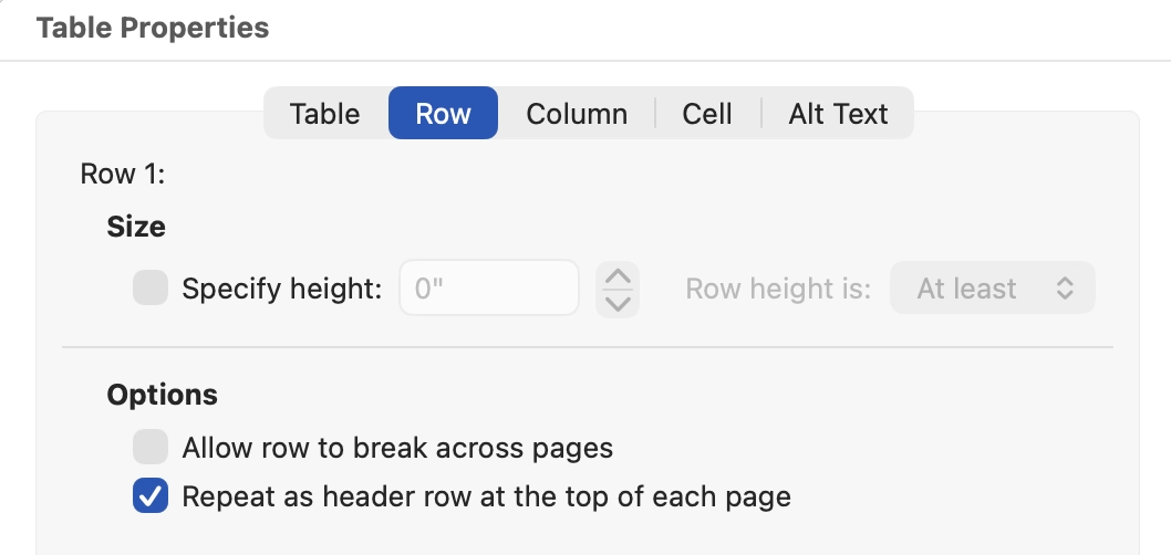 Table Properties panel in Word, the Row tab selected, showing row options.