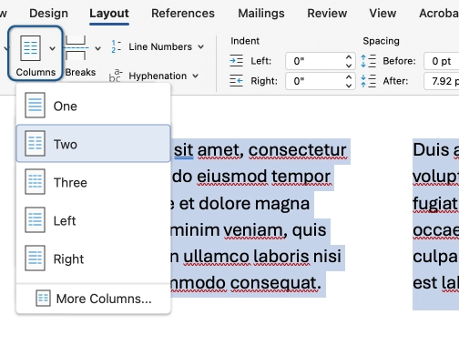 Text highlighted in a Word document. In the Layout tab, the Columns menu is open and Two is highlighted.