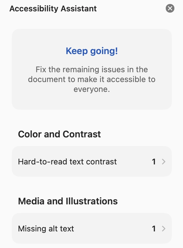 The Accessibility Assistant pane in Microsoft Word.
