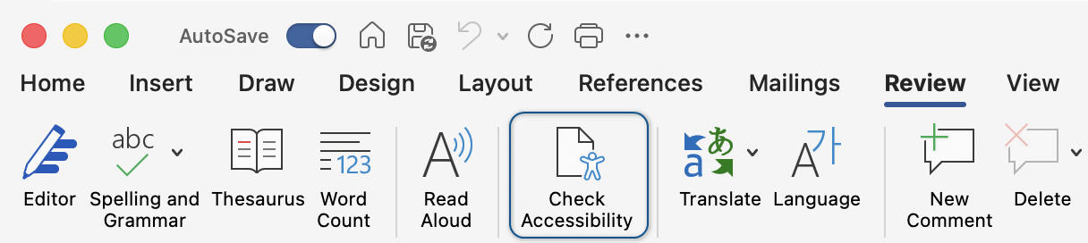 Ribbon in Word with the review tab selected and the "check accessibility" button highlighted